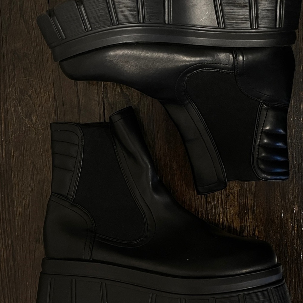 Black Faux Leather Chunky Platform Combat Ankle Boots